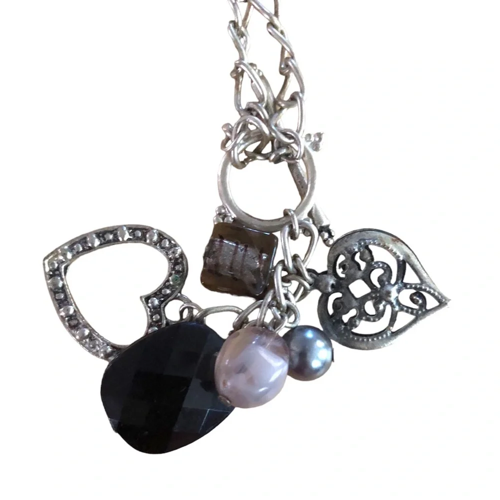 Dangle Romantic Goth Charms Toggle Silver Tone Hearts Y2K Necklace Choker - Picture 4 of 6